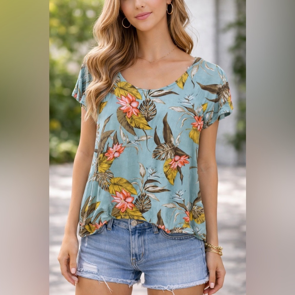 George Tropical Floral Women's Top - Blue and Pink